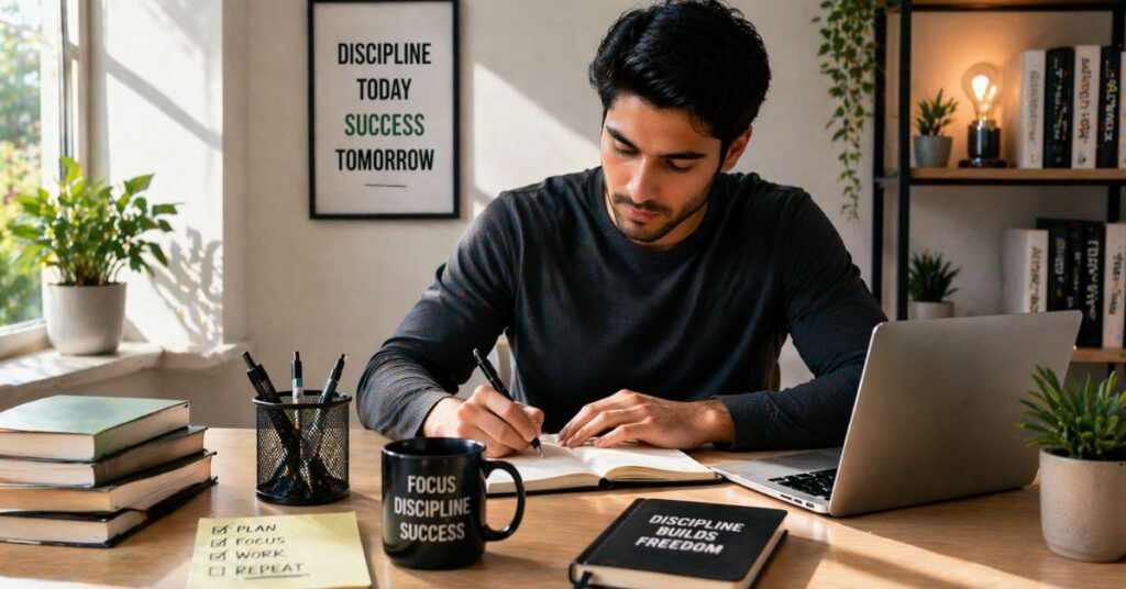 focused person working calmly with discipline